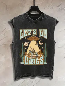 Men'S Western Desert Horseback Riding Graphic Tank Top - 230gsm Washed Distressed Sleeveless Shirt with "Let'S Go" Cowboy & Cactus Print, Easter, Music Festival, Mother's Day Gifts