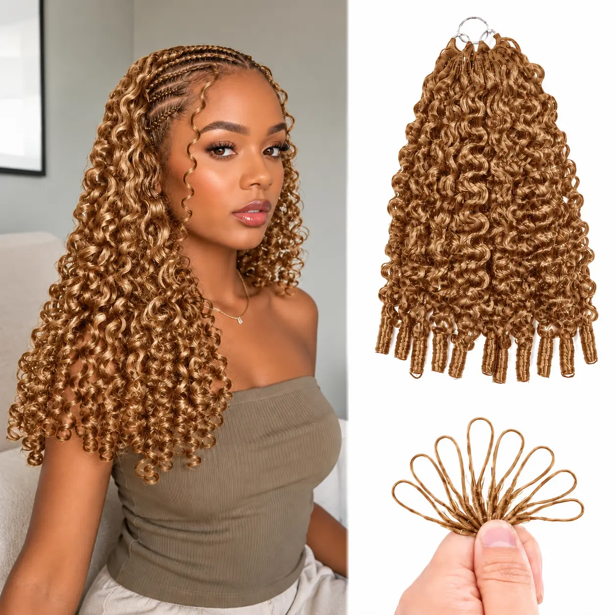 MYLOCKEME 27# Blonde Burmese Deep Pre Looped Feather Crochet Human Hair For Black Women Pre Separated Knotless Burmese Curly Hair For Braiding