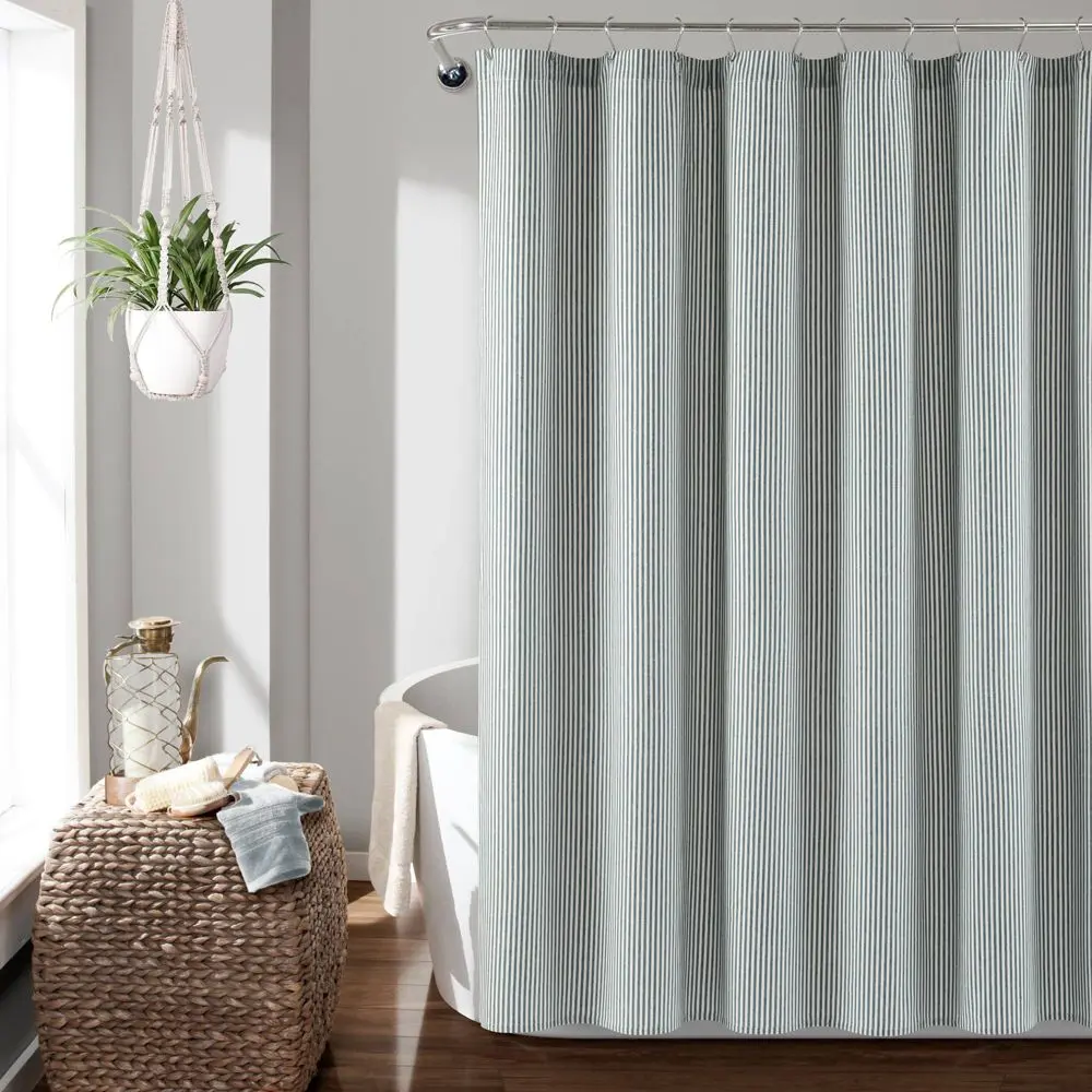 72"x72" Farmhouse Vintage Striped Yarn Dyed Cotton Shower Curtain Navy - Lush Décor: Eco-Friendly Buttonhole Top