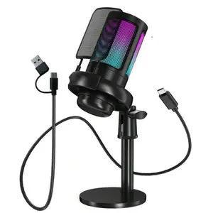 Gaming USB Wired Microphone for PC,RGB Condenser Computer Mic with Stand,Quick Mute for Gaming,Streaming,Podcasting