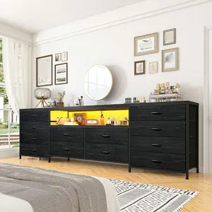 Black Or  Rust Brown 63" W TV Stand Dresser For 65 70 Or 75 Inch TVs, Bedroom Furniture, With LED Lights, Power Outlets, And 12 Storage Drawers, Long Fabric Dresser Entertainment Center