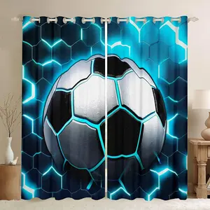 Feelyou Soccer-Themed Grommet Blackout Curtains - Blue Glowing Honeycomb Dark-Colored Window Treatments, Modern Neon Light Buffalo Check Glare-Reducing Soft Furnishings, Dark-Colored Curtains