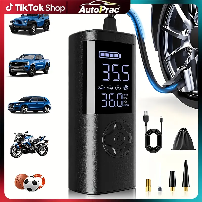 【ToolUpgrade】Tire Inflator Portable Air Compressor, 180PSI 3X Fast Inflation, Cordless Mini Pump, LCD Values Display with LED Lights&Pressure Gauge for Auto/Bicycle/Motocycle/Ball Inflator