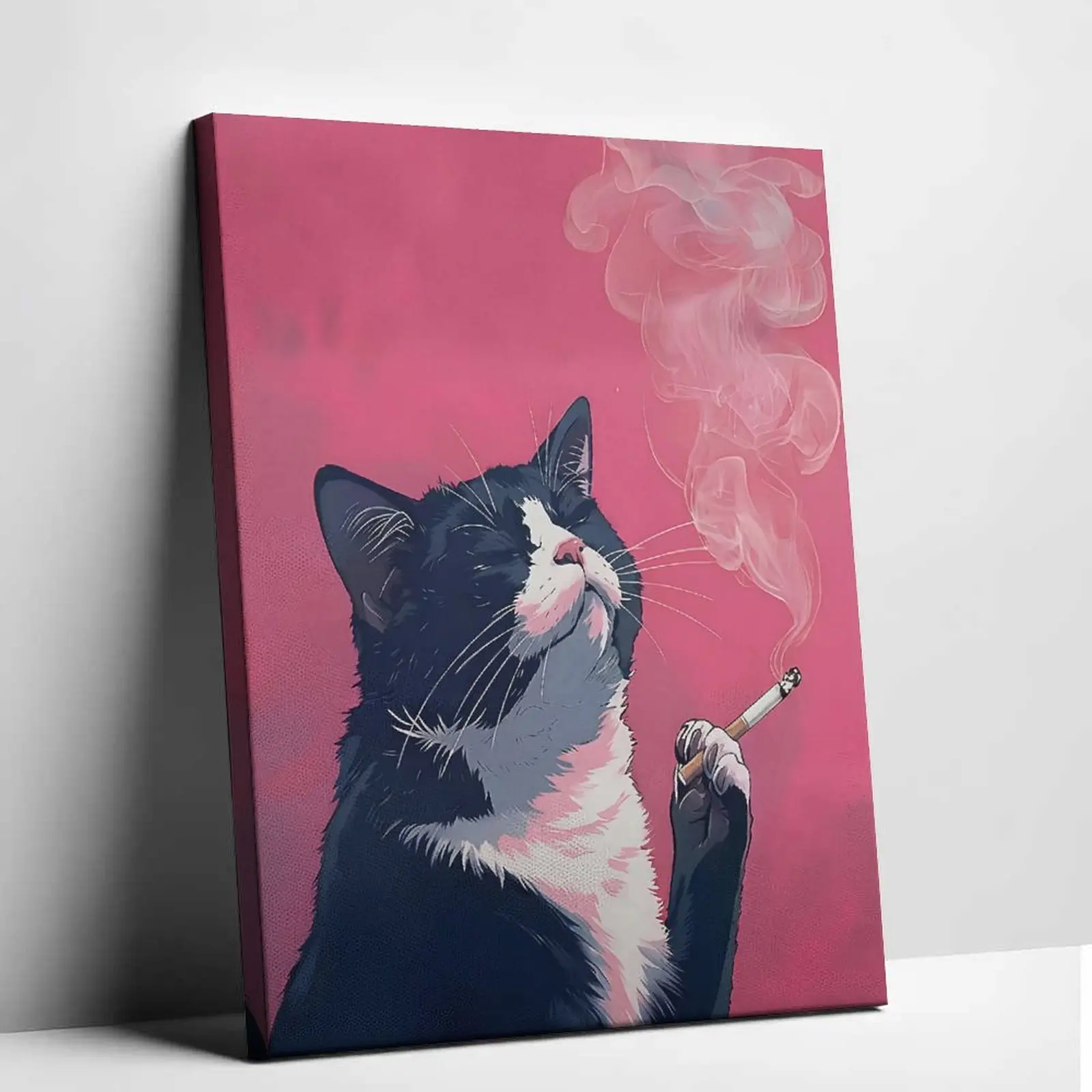 Funny Smoking Cat Canvas Wall  - Edgy Black Cat Pop  Poster Print, 2D Flat Animal Picture. Unique Quirky  Decor for Bedroom, Living  & Office art room