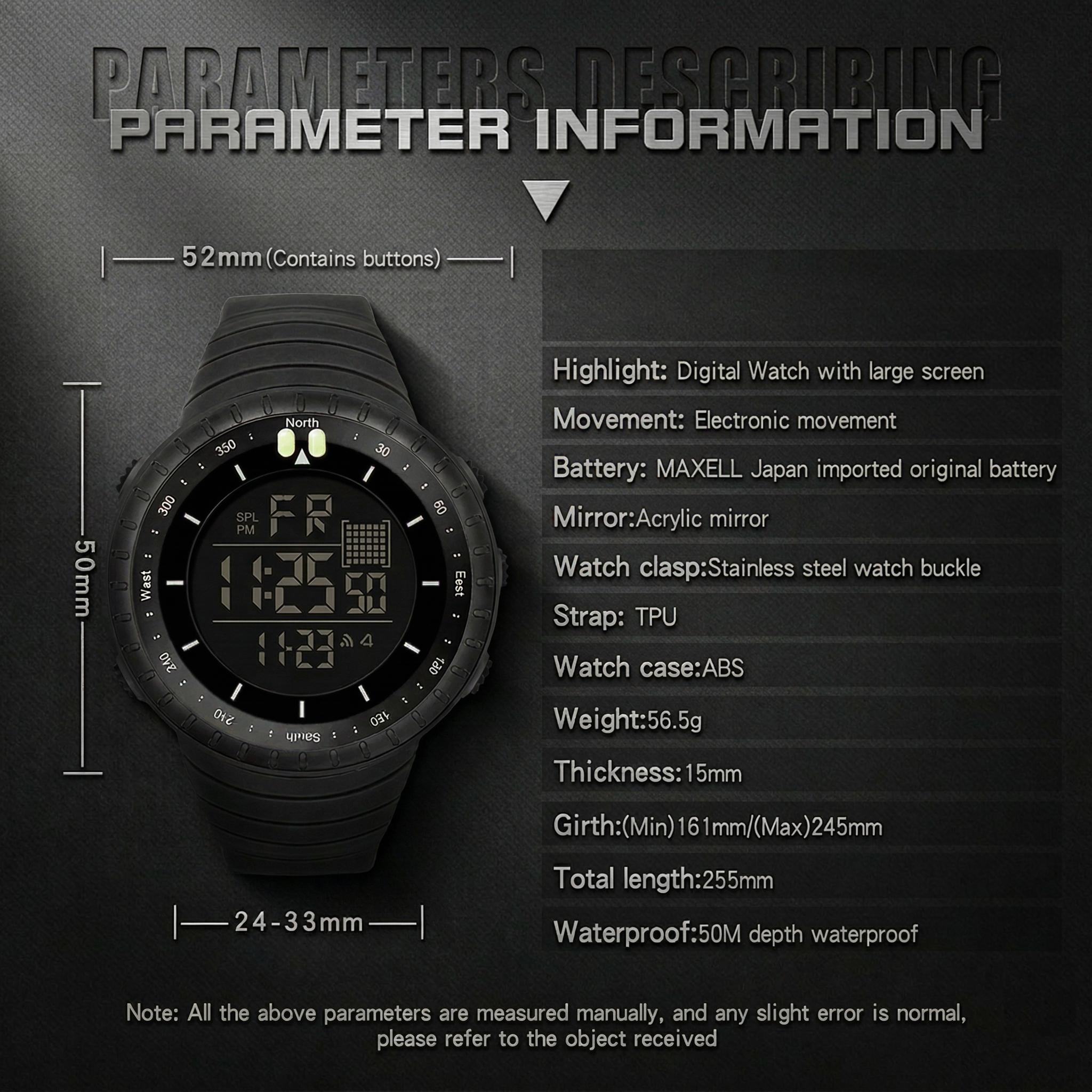 Men's Digital Sports Watch Waterproof Tactical Watch with LED Backlight Watches for Men