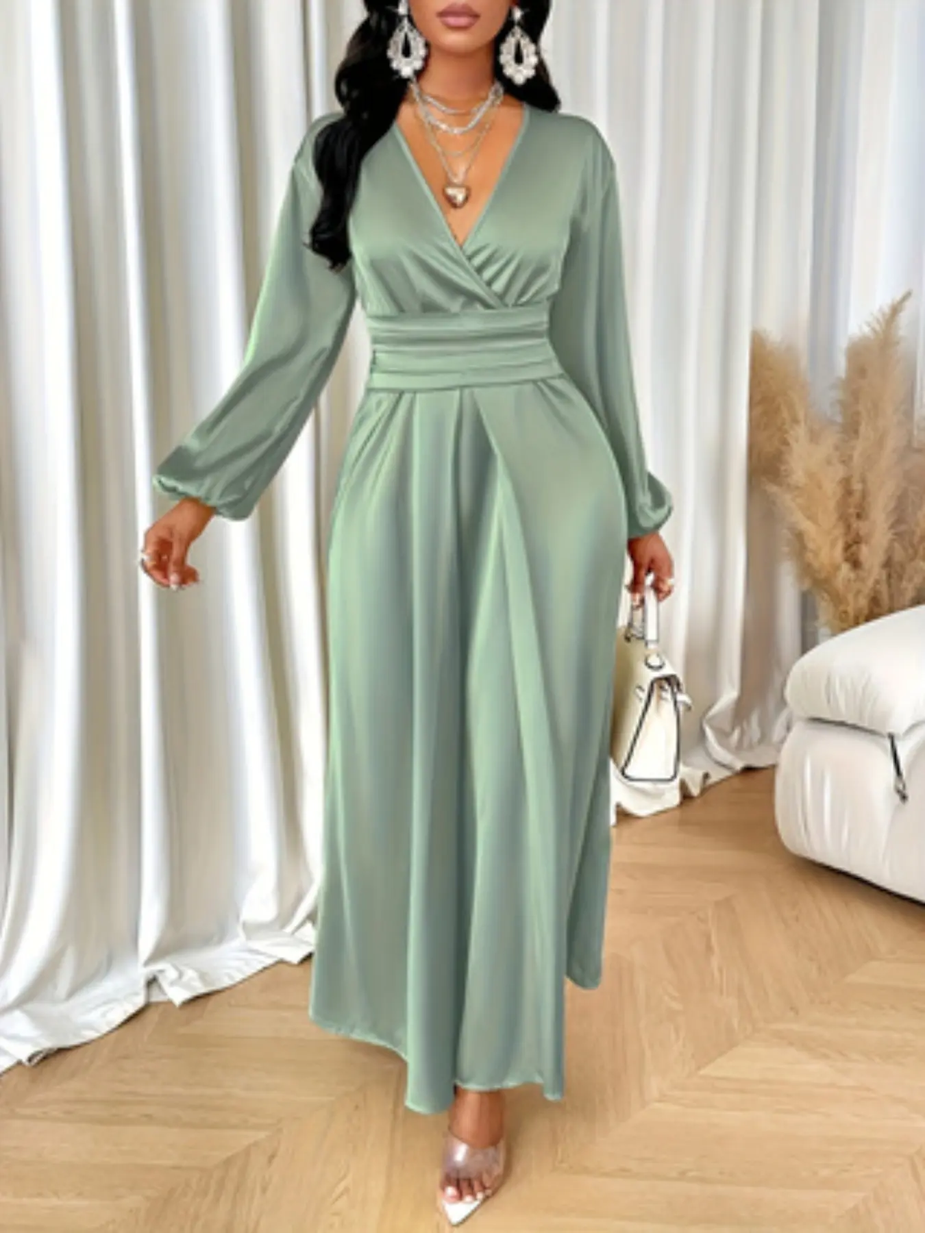 Women's Plain Satin Long Sleeve Dress with Ruched Design, Elegant Style Daily Wear, Formal Festival Party Gown, Summer, All Seasons Fashion, Womenswear