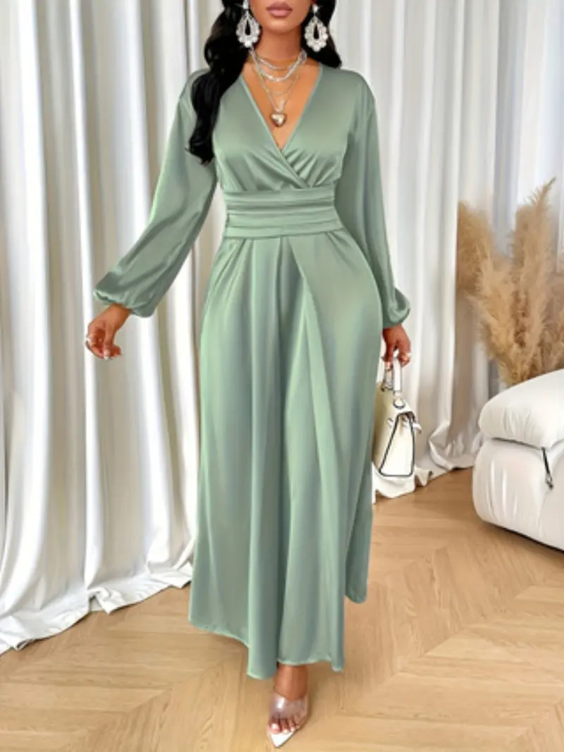 green long sleeve homecoming dress A Line V Neck Long Sleeves Lace Satin Homecoming Dresses main image 0