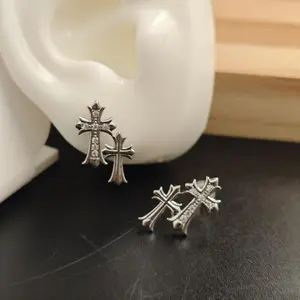 Gold Plated Double Piercing Cross Earrings Lightweight Accessory Earring Gold Double Cross Earrings for Women and Men 14K