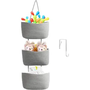 Over the Door Organizer, 3-Tier Woven Cotton Hanging Kitchen Baskets Storage Organizer Bag with Hooks Wall-Mounted Decorative Rope Baskets - Gray