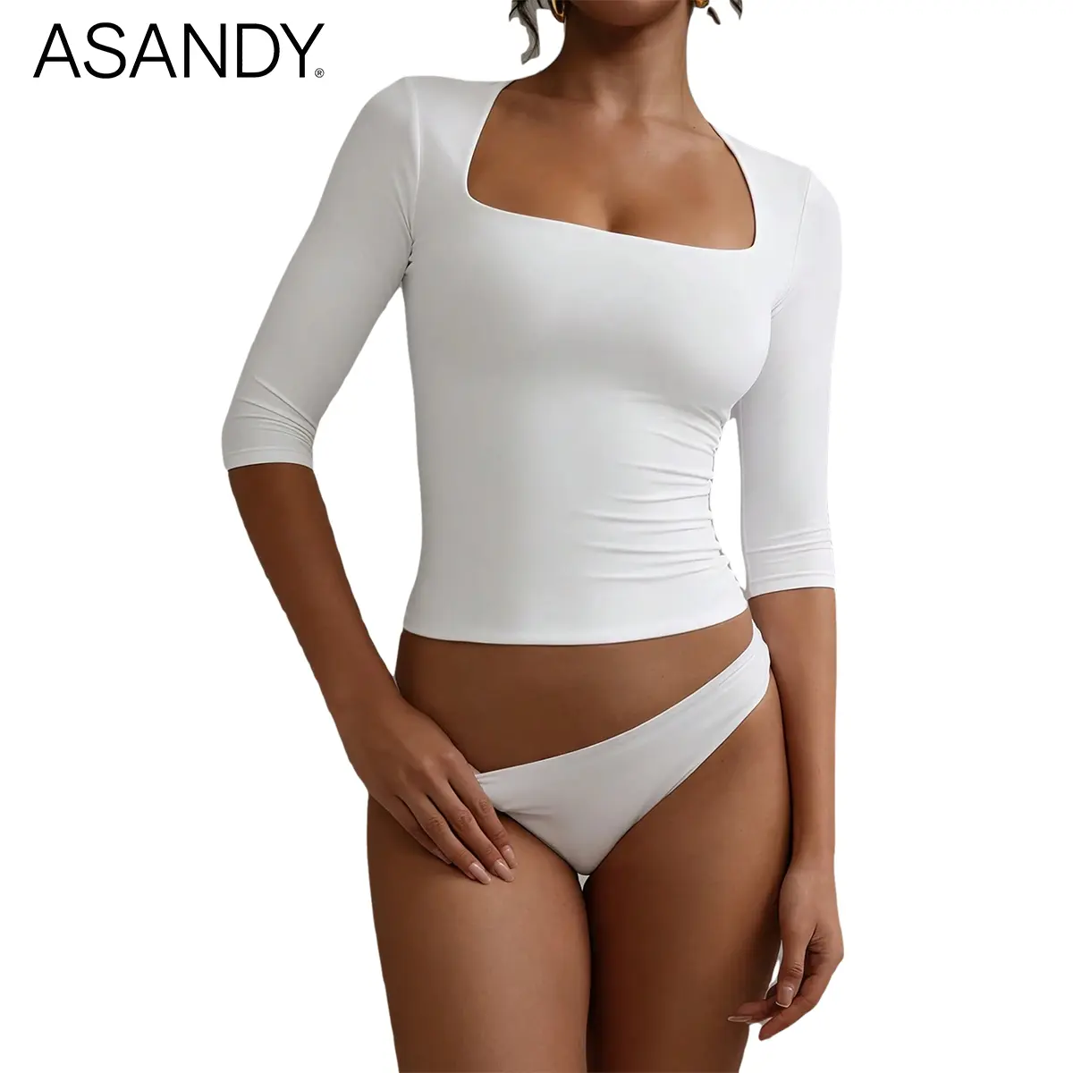 ASANDY Women's Square Neck 3/4 Sleeve Slim Fit Shirt - 4-Way Flex Stretch Activewear Fitness Top, Casual Workout T-Shirt with Double Layer Chic Fabric for Gym, Daily Layering, Casual Workout Tops, Tops For Women