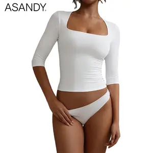 ASANDY Lady's Square Neck 3/4 Sleeve T-Shirt - 4-Way Stretch, Double Layer, Slim Fit, Comfortable Fabric Basic Top for Daily Layering, Workout Outfits, Overall Versatile Casual Looks