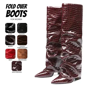 Fold Over Boots For Women Slouchy Boot Knee High Pointed Toe Chunky Block High Heel Wide Calf Easy Pull On Fashion Party Date Wedding Festival Dress Tall Long Boots