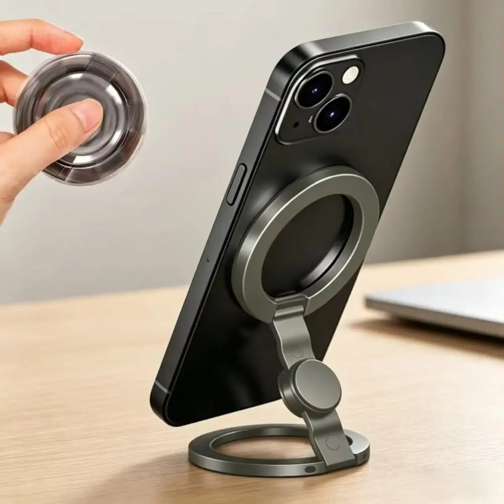 2026 Magnetic Phone Stand - Double-sided magnetic ring stand, compatible with MagSafe, featuring a rotating gyroscope for pressure reduction design, with strong adhesion force, suitable for iPhones 11-17, ideal for fitness and home use for portability.