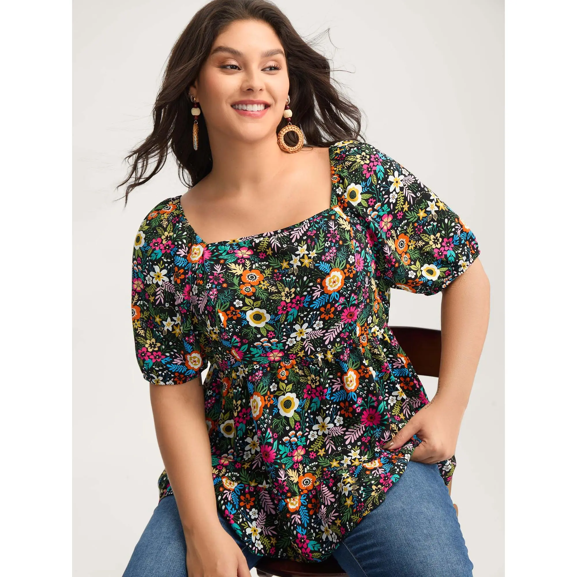BloomChic Women's Curvy Plus Size Lantern Short Sleeve Floral Print Square Neck Fitted Blouse - Lightweight Smooth Polyester, Neck-Lengthening, Boutique Tops for Women, Casual Summer Travel, [M-6X] Back To School,SohoChic
