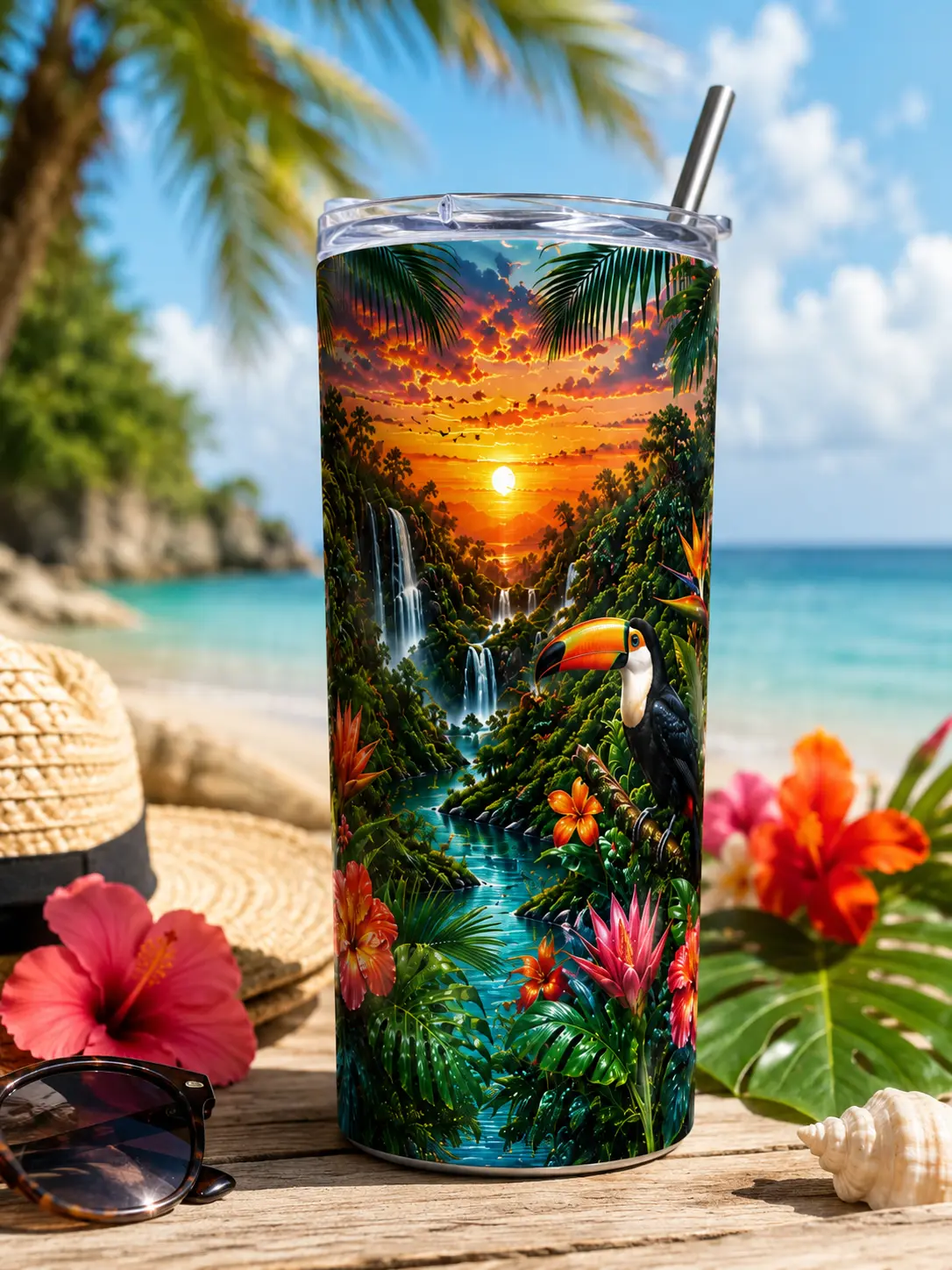 20oz Toucan Tropical Jungle Stainless Steel Tumbler | Double Wall Vacuum Insulated | Lid & Straw Included | Tropical Bird Coffee Cup