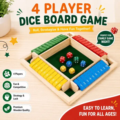 4-Player Durable Wooden Flip & Roll Dice Board Game, Portable Educational Tabletop Toy for Kid Board Games, 4-6 Years Addition Practice & Number Recognition, Perfect Gift Family Bonding Boredom Buster