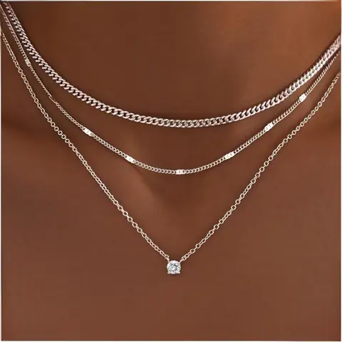 Women's Layered Gold-Silver Plated Nickel-Free Alloy Gemstone Necklace Stack - 16.5in Chunky Chain, 2in Extender, CZ Rhinestone Pendant, Waterproof Choker, Everyday Costume Jewelry, Birthday/Anniversary Gift, Fashion Accessories, Gold Plated Necklaces