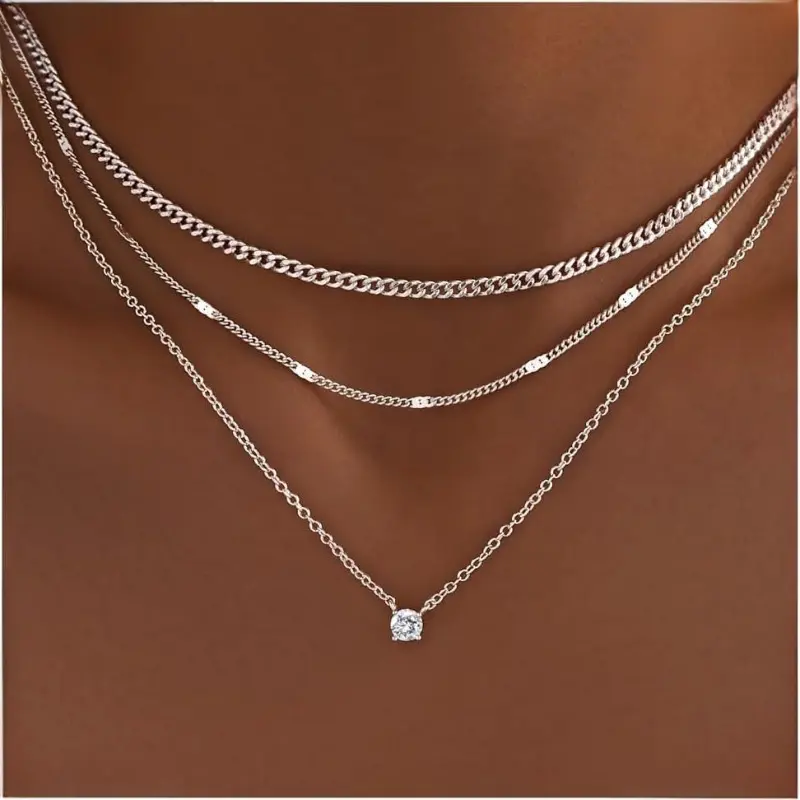 Women's Layered Gold-Silver Metal-Plated Necklace Set - Elegant CZ Rhinestone Pendant, Chunky Cuban Chain, Waterproof Stackable Daily Fashion Costume Jewelry, Jewelry for Women, Valentines Day Gift, Ready-to-Gift Set Feels Thoughtful, Elegant Necklace