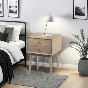 Nali Bedside Nightstand Table, 2 Drawers, Sandblasted Washed Ash White Mango Wood, Brass Knobs By The Urban Port