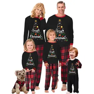 Merry Christmas Family Matching Christmas Pajamas Xmas Tree Snowflake Bells Print 2Piece Pajamas Set Long Sleeve Tee Shirt Top+Plaid Pants Set Sleepwear Loungewear for Xmas Holiday Party