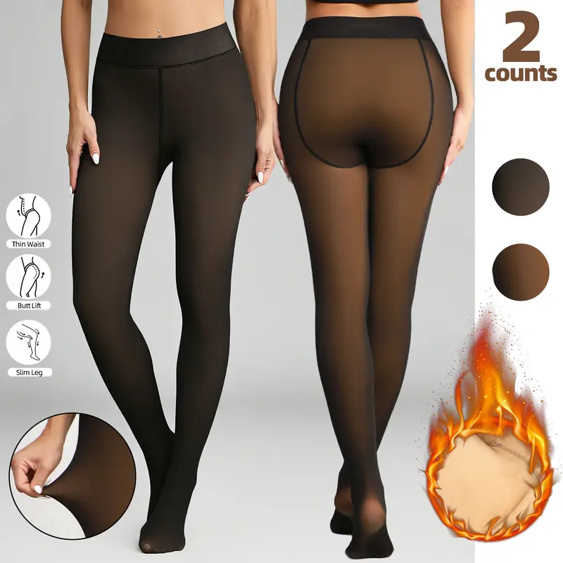 Women's 2-Count Fleece Lined Thick Leggings - Basic Underwear, Cozy Stylish Full Length Thermal Winter Tights, Cute Classic Minimalist Semi-Transp Closed-Toe for Everyday Casual Use