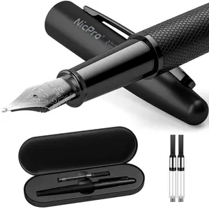 Nicpro Fountain Pen Set, Classic Black Fancy Pen, 0.38mm Extra Fine Nib with Ink Refill Converter, Metal Pen Case Smooth Writing Calligraphy Refillable Pen for Men Women Professional, Office, Business