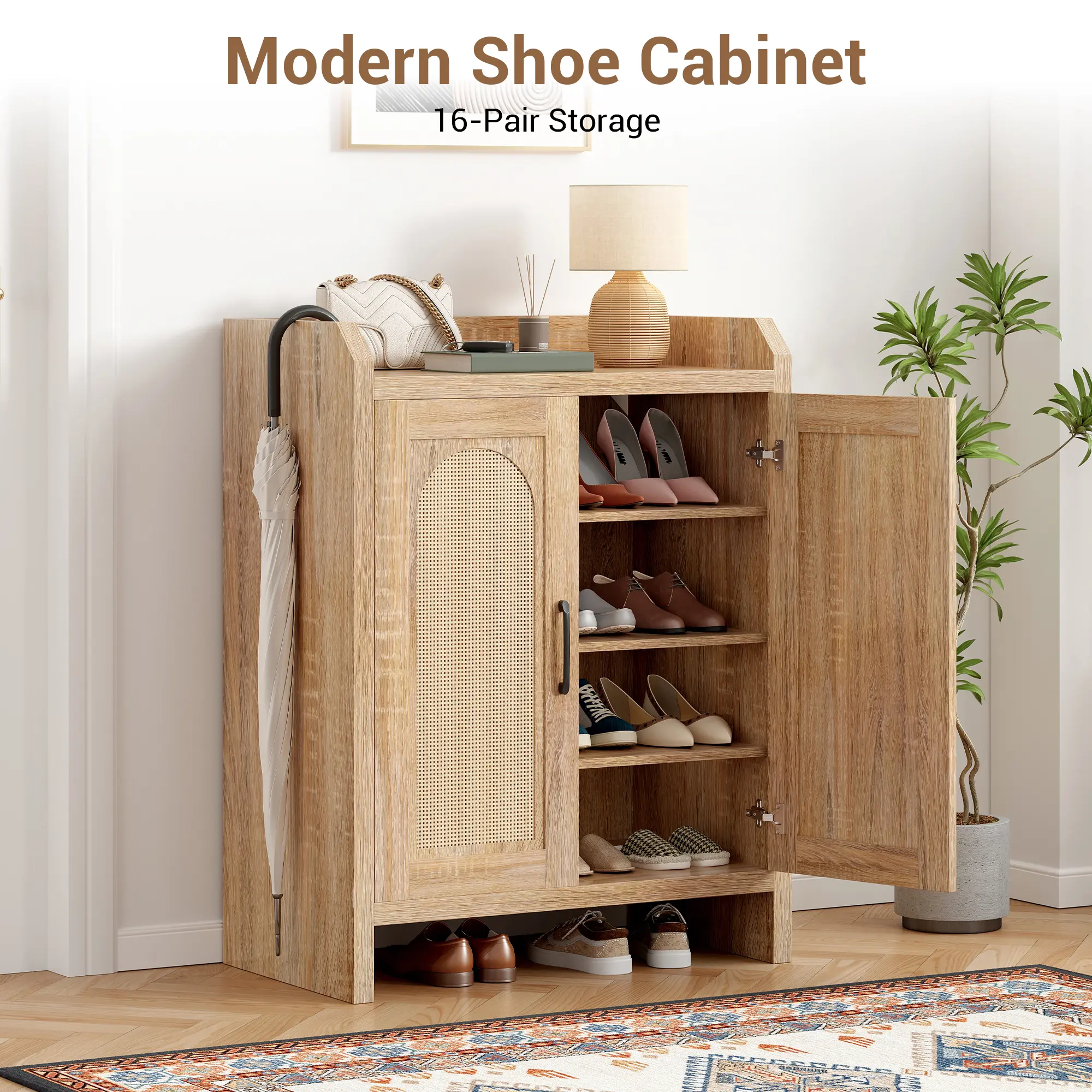 Natural Rattan Shoe Cabinet with Doors, 4-Tier Wooden Shoe Organizer, Shoe Storage Cabinet with Adjustable Shelves, Shoe Cabinet Storage for Entryway,Hallway, Living Room, Bedroom,Closet,dorm essentials,home decor