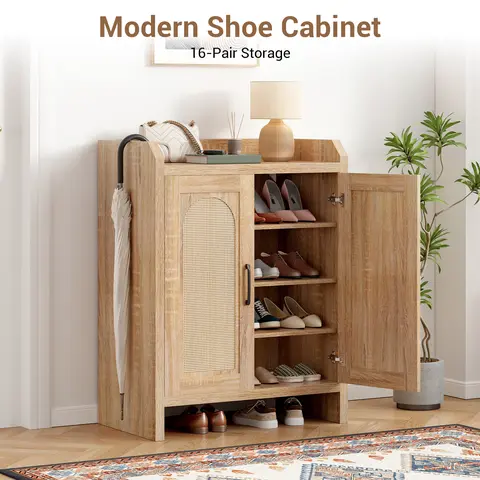 4-Layer Natural Rattan Freestanding Closet Organizer - Rectangular Wooden Cabinet with Doors, Adjustable Shelves, Anti-Drop Shield, Anti-Tip Wall Mount, Furniture Storage for Entryway, 26.77in(W)×14.72in(D)×34.65in(H)