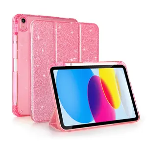 Pink Sparkling Glitter iPad Case with Pencil Holder, Smart Stand Cover for iPad Air 4/5 (11") and iPad 10th/11th Generation, Glittering Transparent Back Shell