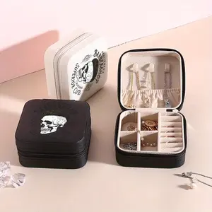 Portable Small Travel Jewelry Box, Skull Pattern Storage Box - Black and White Gothic Design, Portable Travel Jewelry Storage Box, Perfect for Rings, Necklaces, Earrings, Home or Jewelry Enthusiasts Gifts, Modern Minimalist Style
