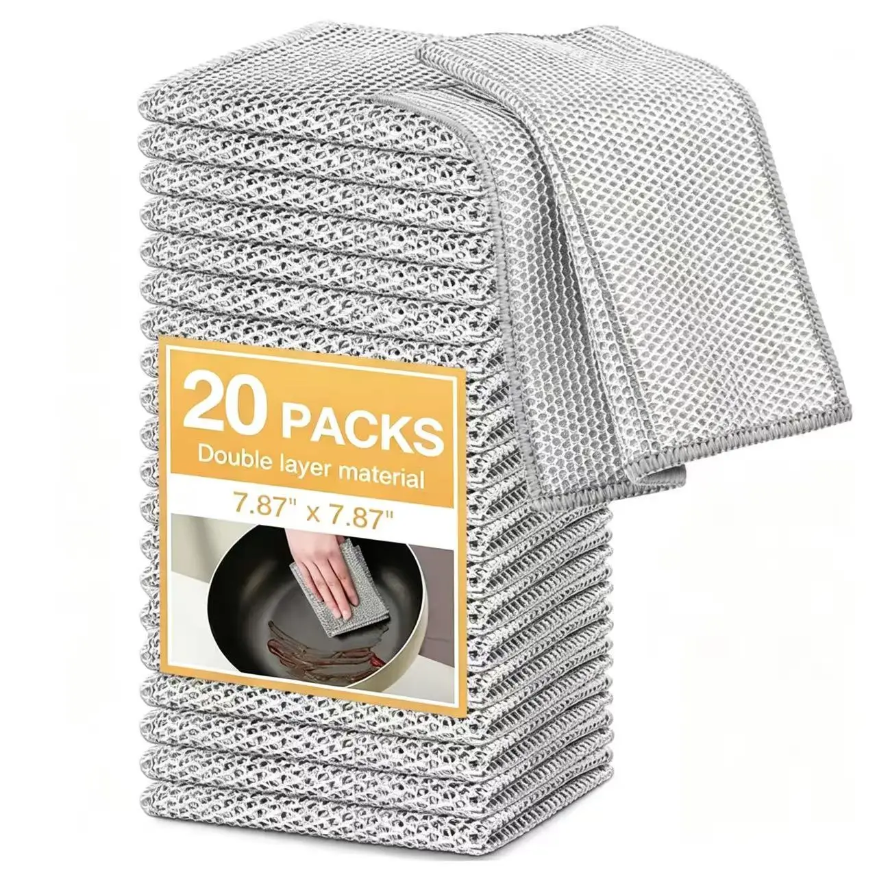 Reusable Silver Kitchen Dishcloths, 20 Pack Non-Scratch Durable Cleaning Cloths 20x20cm, Washable Multi-Purpose Dish Towels for Pots, Sinks, Household Cleaning Disposable Glass
