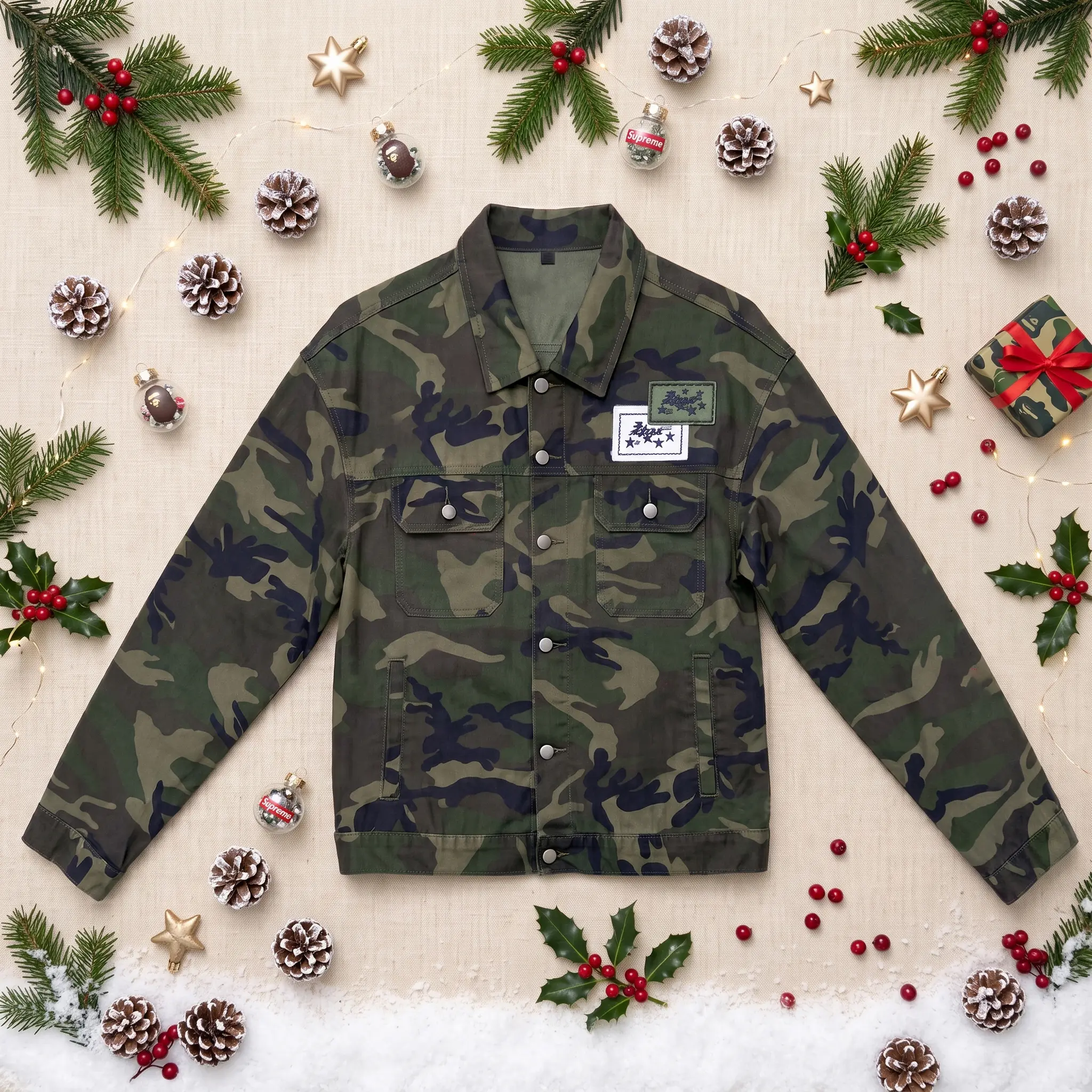 Men's Camo Trucker Jacket - Vintage Metallic Tactical Patches, Breathable Button-Up Denim Jean Coat with Pockets, Lightweight Cotton Menswear Tops for Military Workwear Streetwear (Men's Clothing)