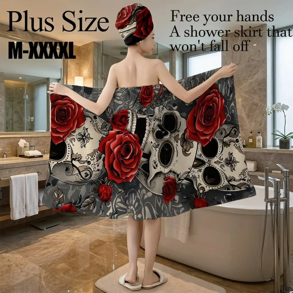 Plus Size M-XXXXL Gothic Skull & Red Rose Striking Print Bath Wrap Skirt & Hair Towel Set, Non-Slip Adjustable Shower Skirt for Bathroom, Spa, Halloween Party, Gothic Gift, Shower Cloths
