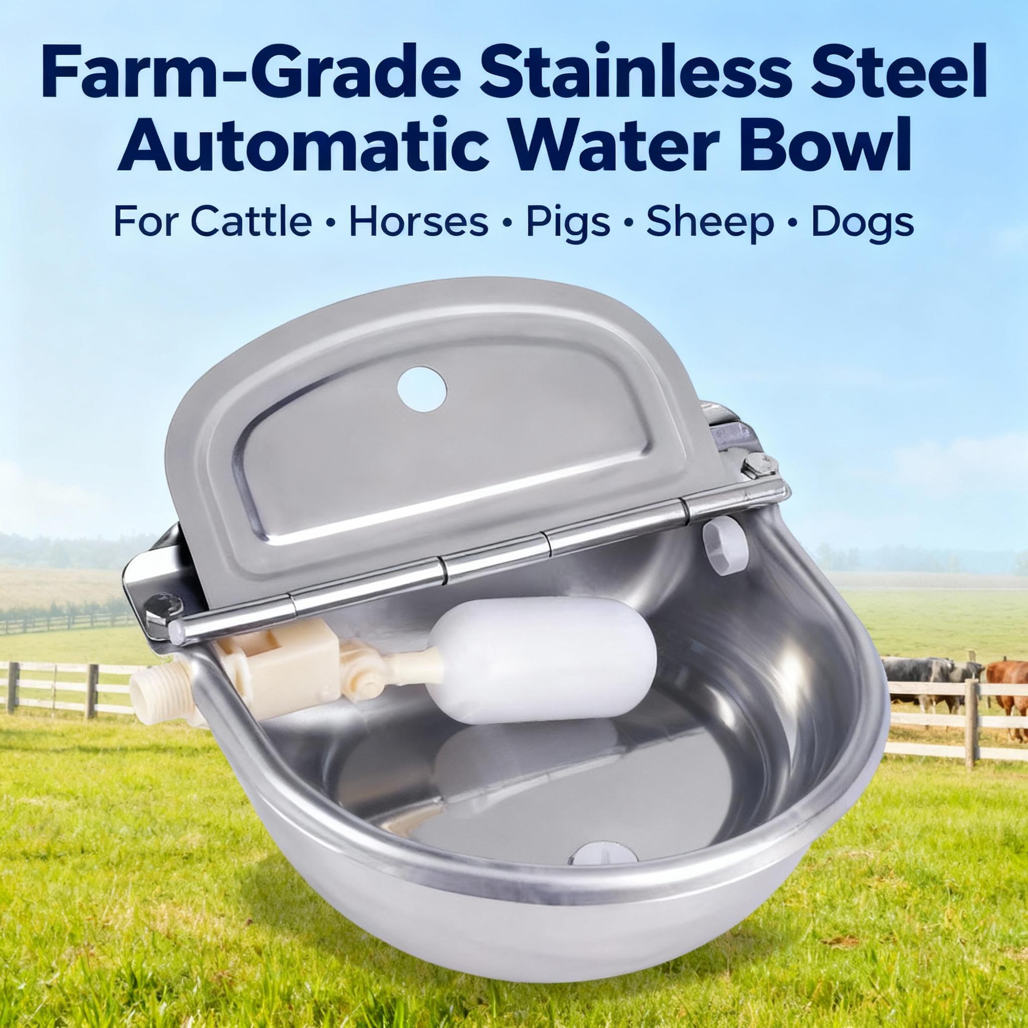 Stainless Steel Automatic Animal Water Bowl Dog Cat Poultry Water Dispenser with Drain Hole Float Valve Auto Water Level Control Hose Not Included