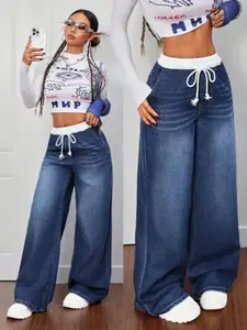 Women's High-Waisted Drawstring Loose Fit Button Denim Jeans, Casual Korean Fashion Streetwear Wide Leg Jeans for All Seasons, Comfortable Boyfriend Style