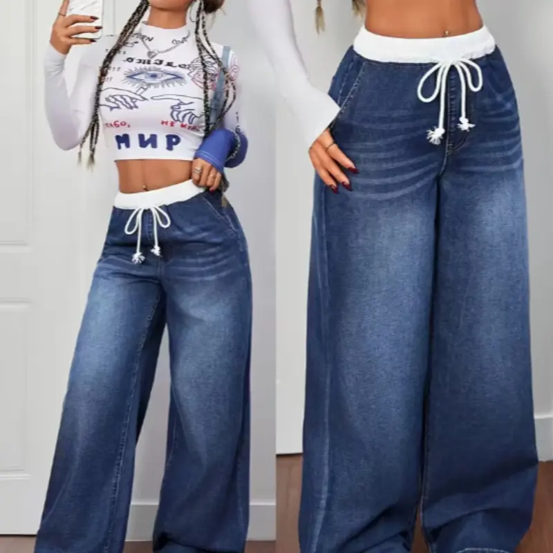 Women's High-Waisted Drawstring Button Loose-Fit Wide Leg Jeans, Casual Basic Everyday Korean Streetwear, Boyfriend Style Comfortable Denim Pants for All Seasons