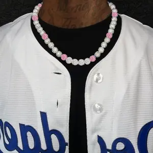 Iced Bling Disco Ball Rhinestone Pollyanna Crystal Bead Baseball Softball Necklace Pink White