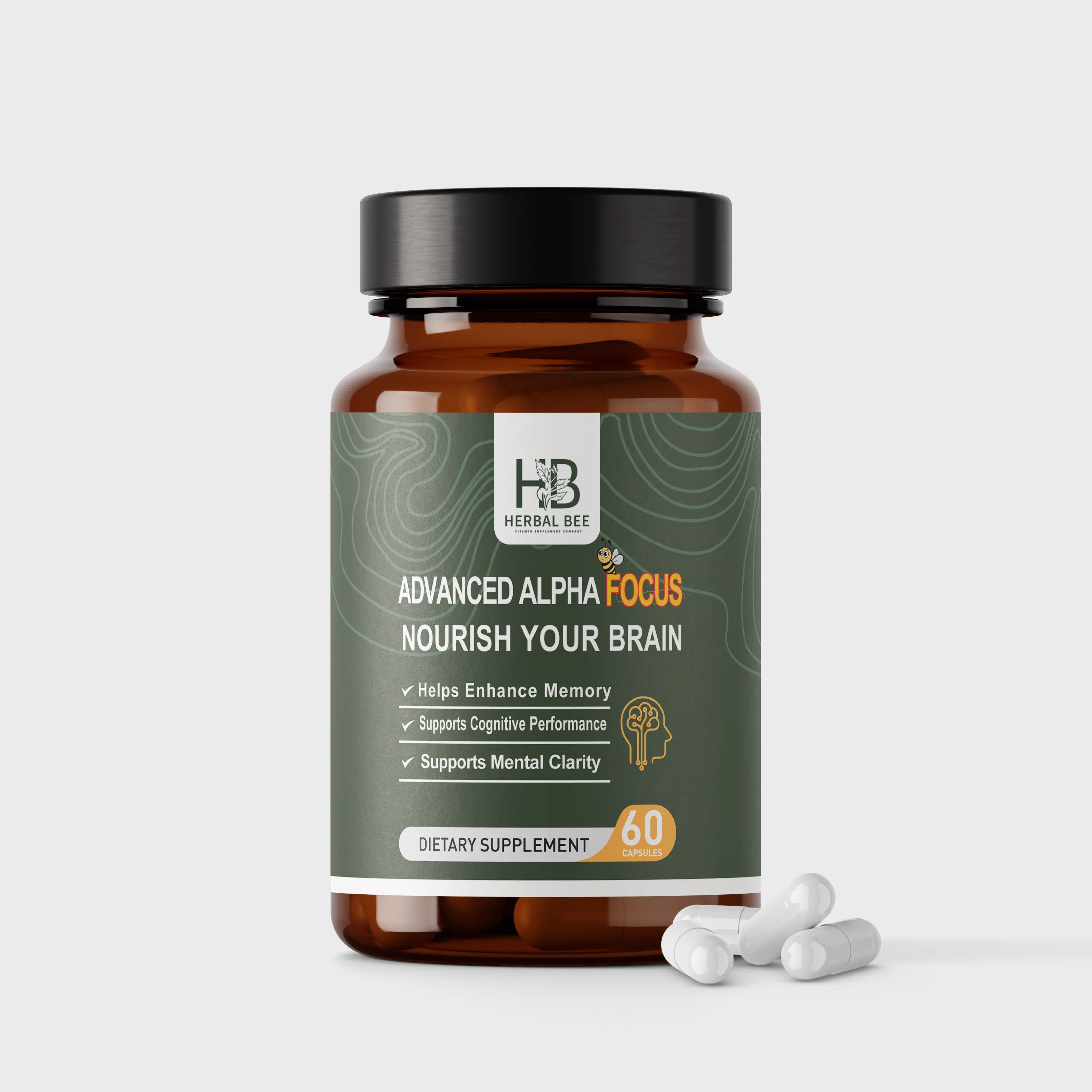Herbal Bee Advanced Alpha Focus Brain Supplement For Men & Women – Supports Memory, Cognitive Performance & Mental Clarity | L-Tyrosine, Ginkgo Biloba, L-Theanine | Vegan, Non-GMO, GMP Certified, 60 Capsules