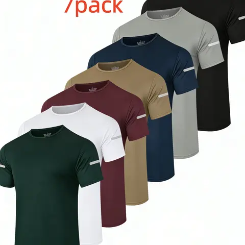 7PCS Men's Print Reflective Stripe  Sports T-Shirts, Quick Drying Breathable Round Neck T-shirt,Casual Tops for Workout Running, Gym Tees, Men's Sportswear for Summer  Running Shirts, Moisture-Wicking T-Shirts, Gym Workout Short Sleeve Shirts