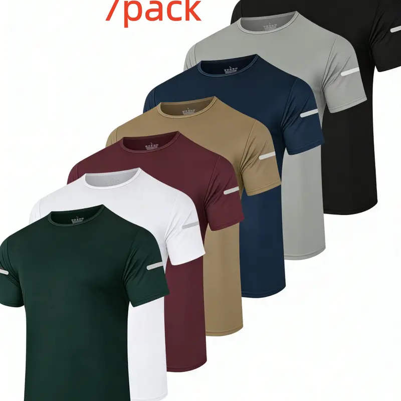 7PCS Men's Print Reflective Stripe  Sports T-Shirts, Quick Drying Breathable Round Neck T-shirt,Casual Tops for Workout Running, Gym Tees, Men's Sportswear for Summer  Running Shirts, Moisture-Wicking T-Shirts, Gym Workout Short Sleeve Shirts