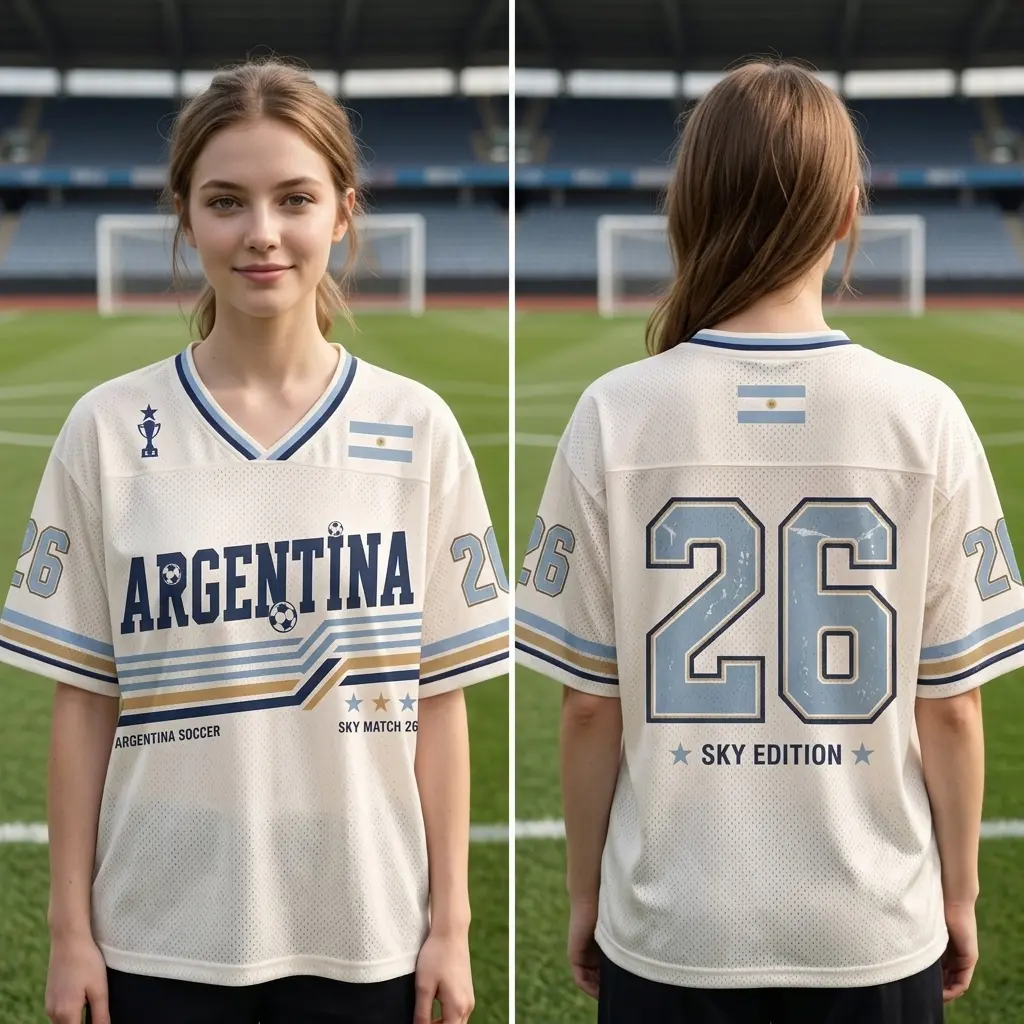 Argentina Football Jersey , Cream White Sky Blue Gold Argentina Flag Patch Mesh Breathable V-Neck Shirt for 2026 Global Soccer Event with Number 26 Sky Edition, Perfect Gift for Soccer Fans