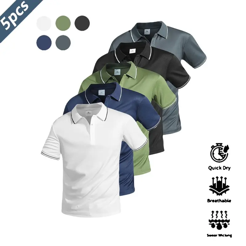 Men's 5-Piece Regular Fit Collared Button Polo Shirts - Casual Short-Sleeve Quick-Dry Sportswear with Golf-Style Cuffs, 5-Piece Black, Golf-Ready Look Tops, Dry Clean & Machine Washable