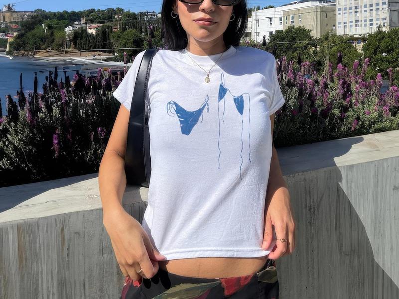 Women's Bikini Silhouette Painting Baby Tee, Cute Y2K Aesthetic Baby Tee, Blue Trending Design Shirt, Cool Girl Tshirt, White Baby Tee Tee