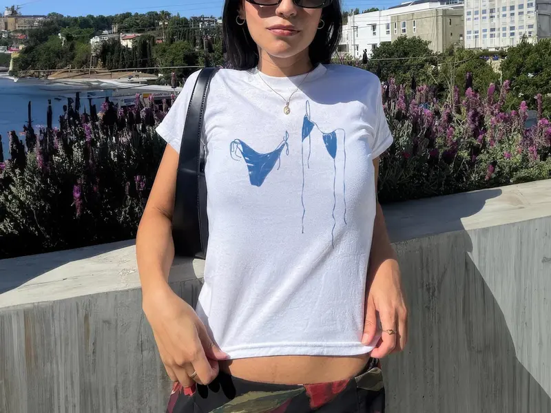 Women's Bikini Silhouette Painting Baby Tee, Cute Y2K Aesthetic Baby Tee, Blue Trending Design Shirt, Cool Girl Tshirt, White Baby Tee Tee