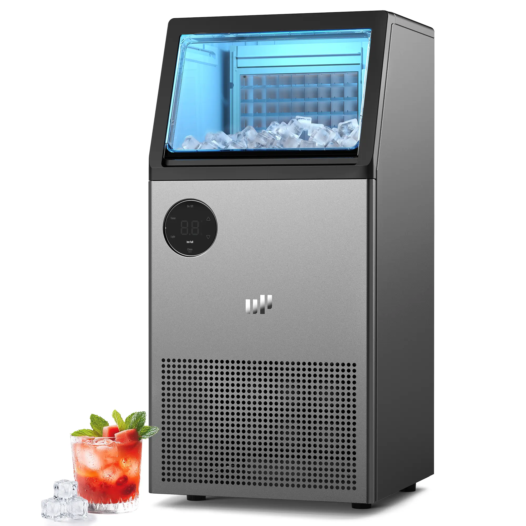 Commercial Ice Maker Machine, 100lbs/24H Ice Cubes with Storage Bin, Silver | Auto Water Filling, Self-Cleaning, LED Status Lights, Touch Controls, Low Noise, Freestanding / Under Counter, Easy Install