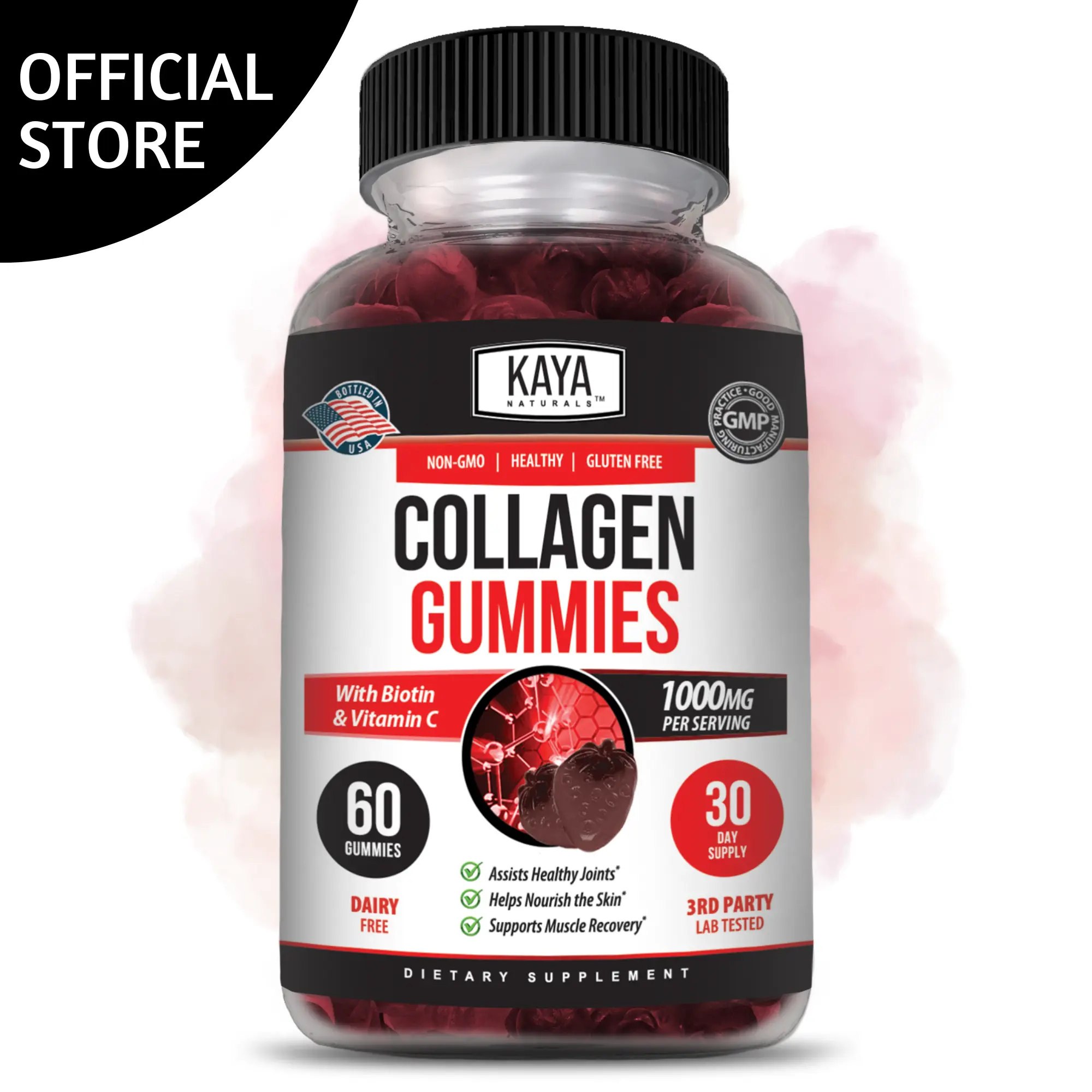 Kaya Naturals Collagen Gummies for Men & Women Supplement   - 1000mg of Hydrolyzed Collagen, Vitamin C, Selenium & Biotin, Strawberry Flavor - 60 Count Gummies