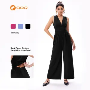 OQQ Women's Jumpsuit Deep V Neck Sleeveless Wide Leg Pants Elegant Casual Soft Party Romper Comfortable Basic Style Overalls