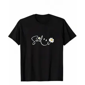 "Smile" Daisy Face Graphic Tee - Cute Floral Emoji Tee with Handwritten Script for a Cheerful Vibe,Unisex Personalized Short-Sleeved T-Shirt Suitable for Travel Wear and Home Relaxation