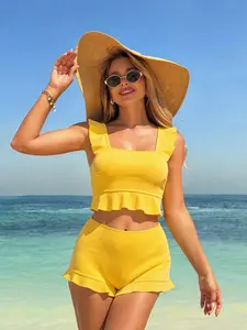 Women's Bikini Set Square Neck Cute Ruffle Briefs High Rise Swimwear Summer Beach Vacation, Stylish Swimsuit for Women