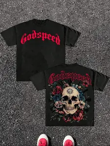 Godspeed Skeleton Flower Pattern T-shirt | Y2K Avant-garde Streetwear | Gothic Clock and Rose Print | Breathable Polyester | TikTok Trending Fashion | Unisex Black Personality T-shirt, Suitable for Street Style, Concerts and Festive Occasions